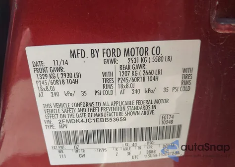 2014 Ford Edge Sel z USA, uszkodzony, nr VIN 2FMDK4JC1EBB53659